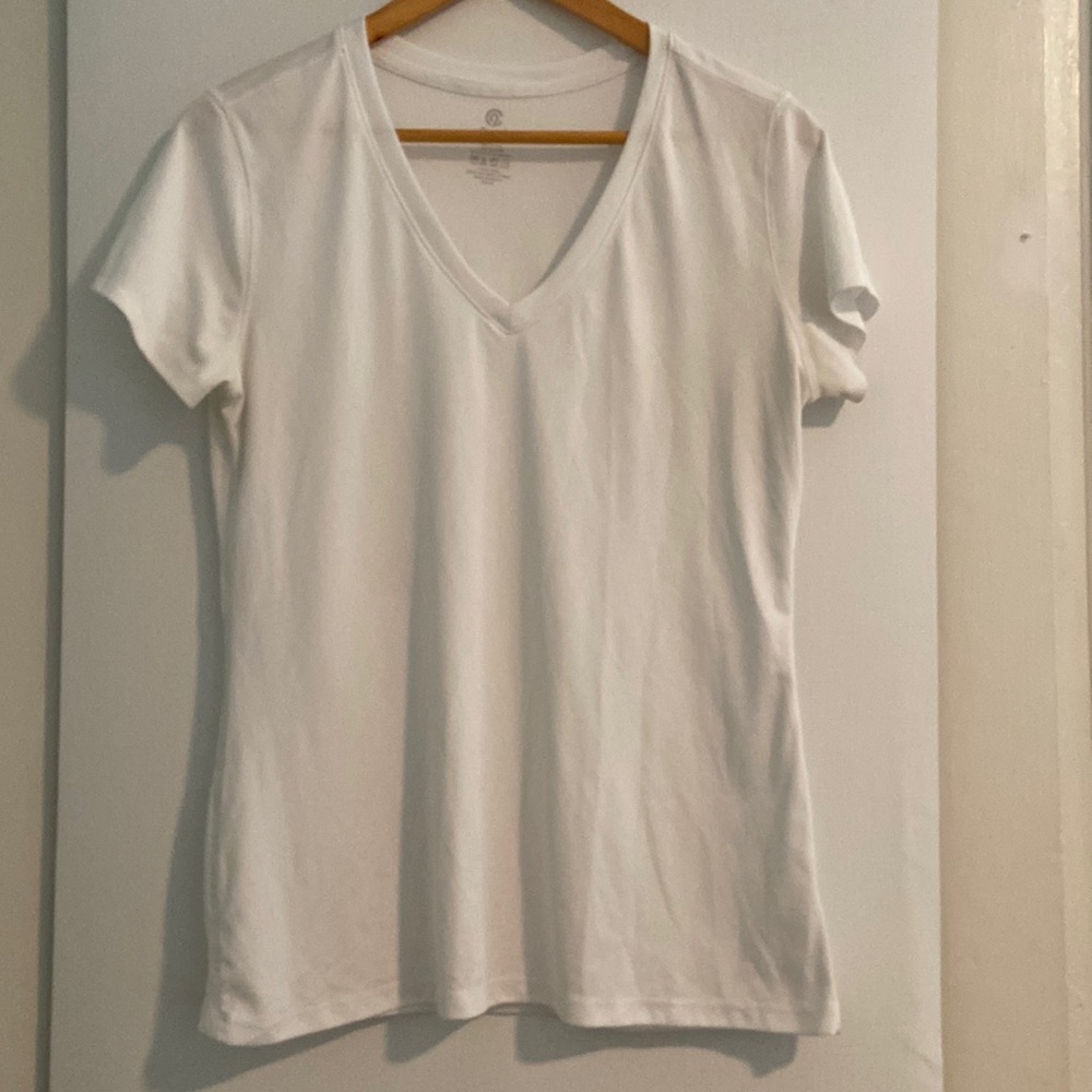 Women’s White V Neck Short Sleeve T-Shirt, L